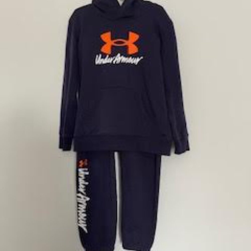 Under Armour UA Big Logo Script Hoodie Set – Midnight Navy Script, Size 7